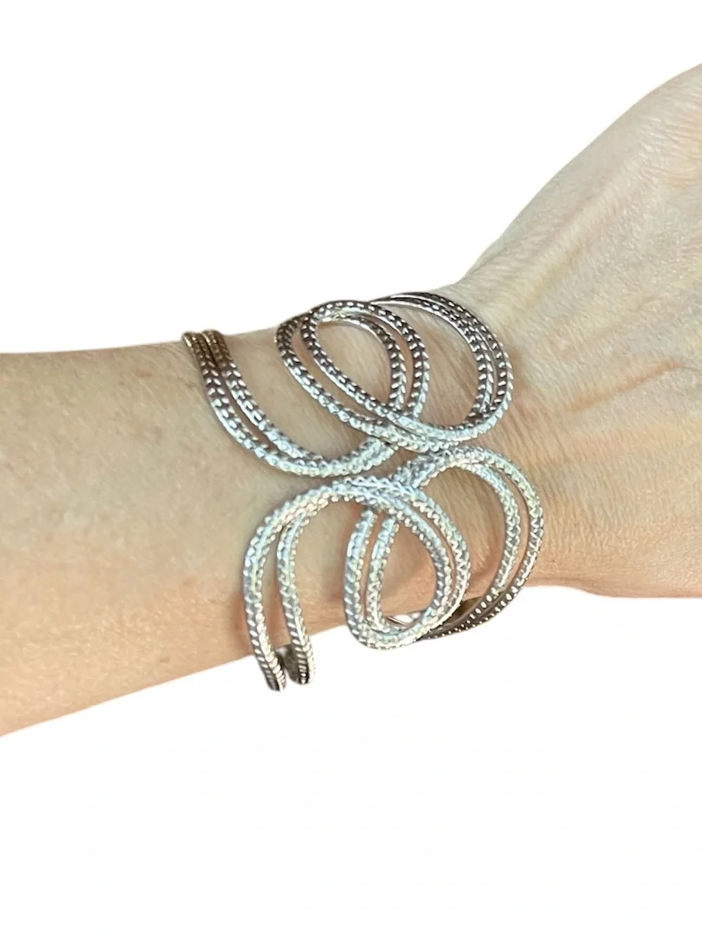 Modernist Sculptural Intertwined Textured Silver Tone Hinged Cuff Bracelet
